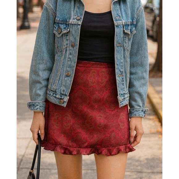 Vintage Y2K Stringbean Womens Red Satiny Floral Ruffle Hem Skirt sz 3 Dainty USA - Picture 2 of 8